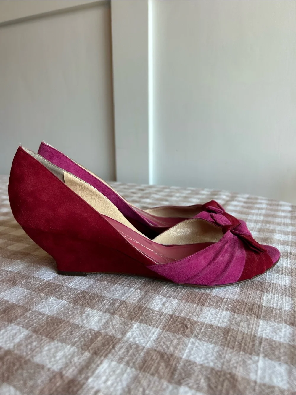 Vintage Kate Spade Pink and Red Suede Knotted Peep-Toe Wedges